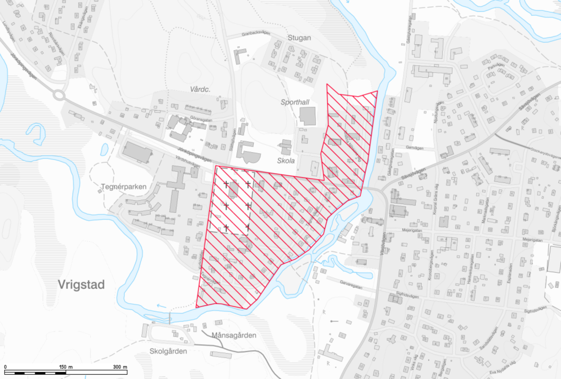 Karta över Vrigstad gamla sockencentrum.