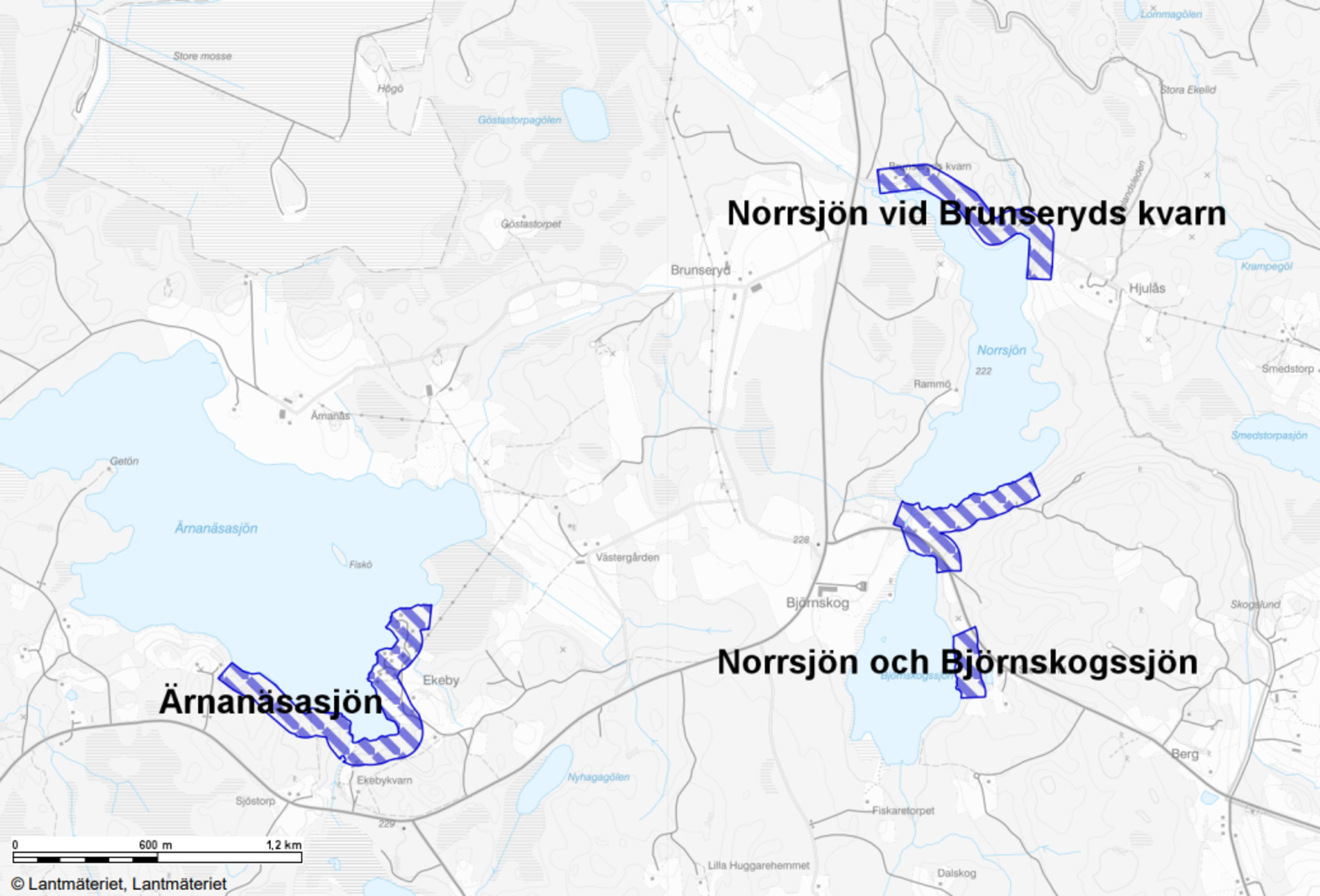 Karta över LIS-områdena vid Ärnanäsasjön, Norrsjön och Björnskogssjön.