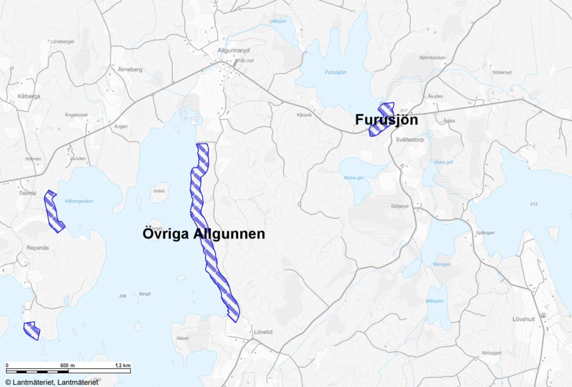 Karta över LIS-områdena Övriga Allgunnen och Furusjön.