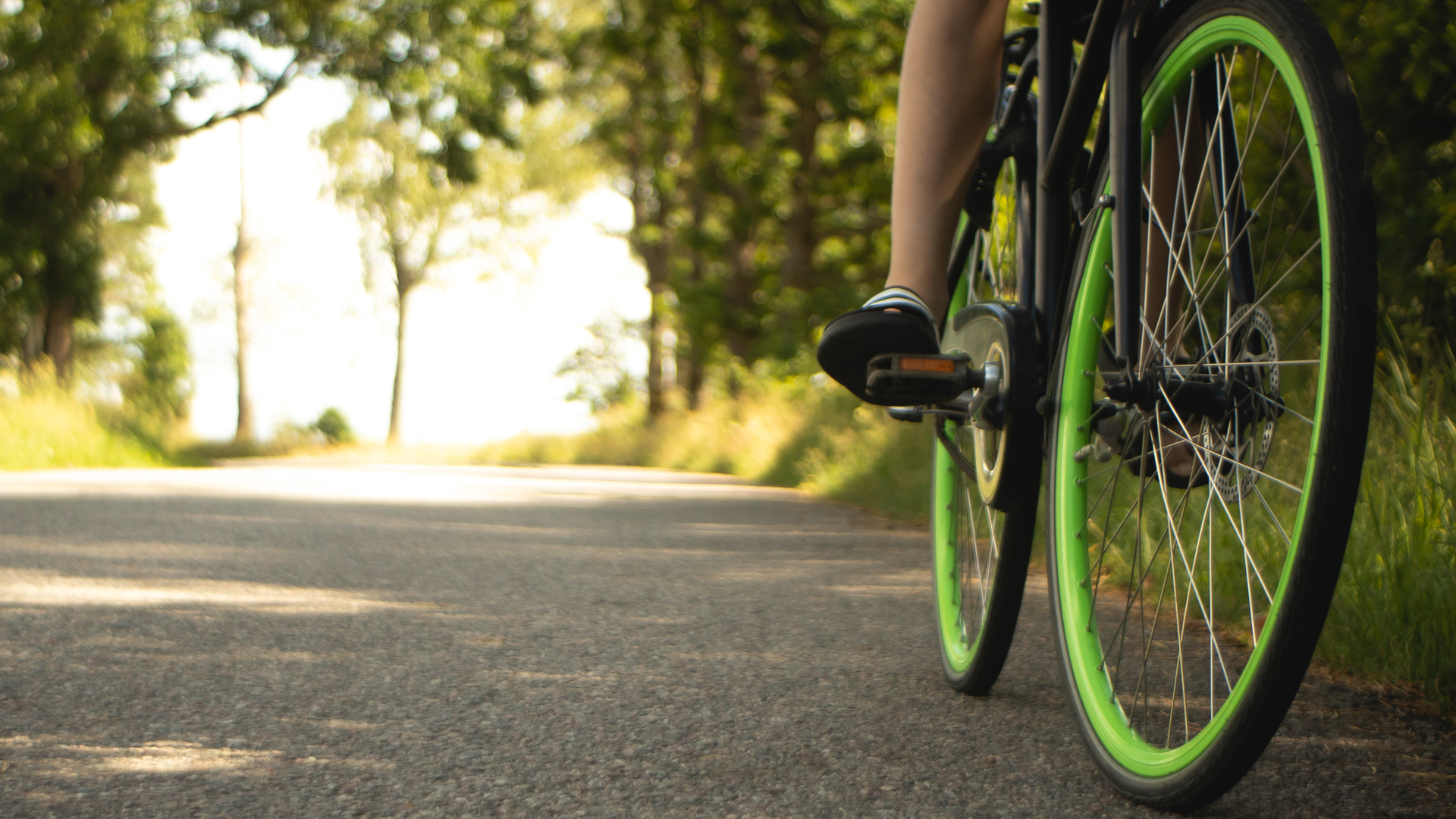 Detaljbild på cykelhjul på asfaltsväg