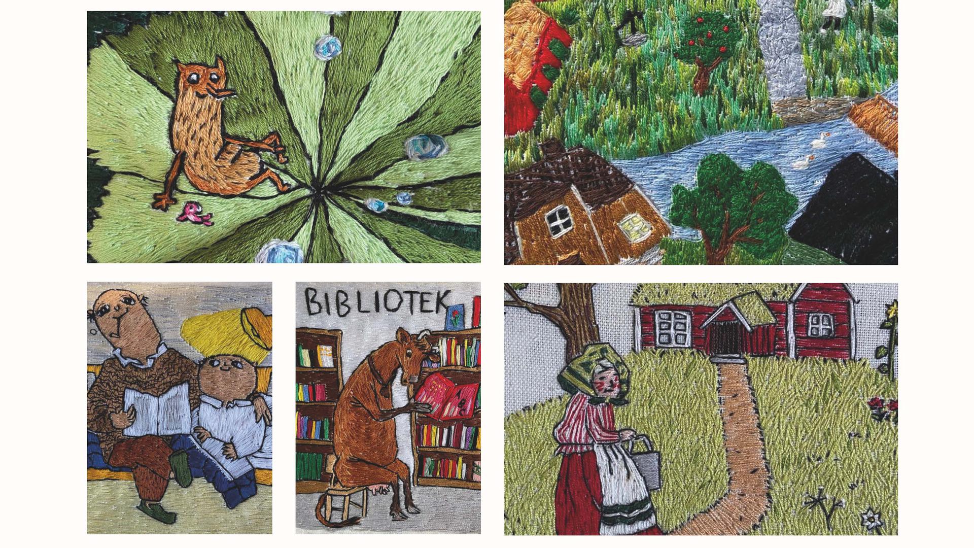 Del av affisch med bilder av broderier.